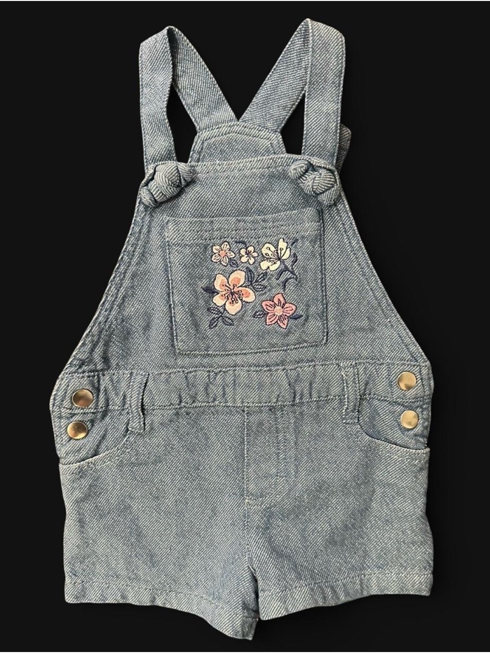 Kids Headquarters Light Denim Short Overalls with Floral Embroidery